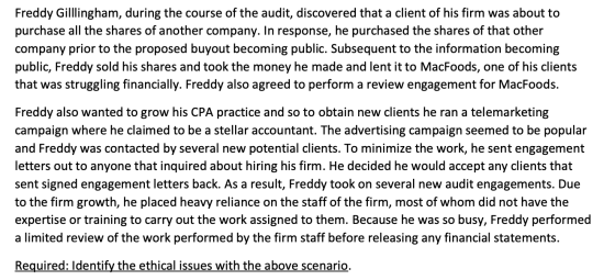 Freddy Gilllingham, during the course of the audit, discovered that a client of his firm was about to purchase all the shares
