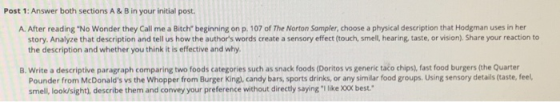 Post 1: Answer both sections A & B in your initial post. A. After reading No Wonder they call me a Bitch beginning on p. 10