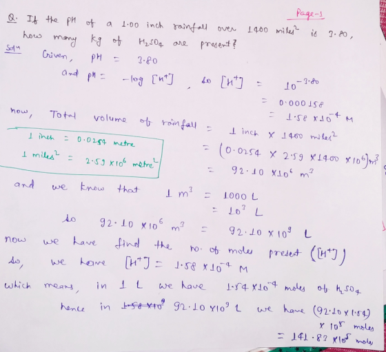 Q. If how Soy page- 100 miles? is 3.80 the pH of a 1.00 inch many kg of H₂Oq Criven, pH = 3.80 and pH = -log [ut rainfall ove