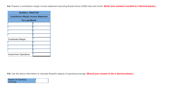 4-a. Prepare a contribution margin income statement assuming Russell drove 2,500 miles last month. (Enter your answers rounde
