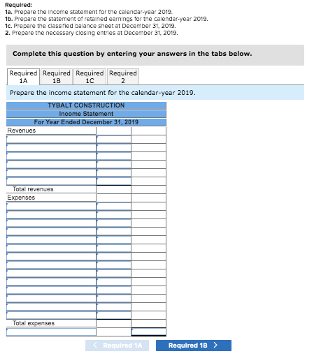 Required: 1a. Prepare the income statement for the calendar-year 2019 1b. Prepare the statement of retained earnings for the