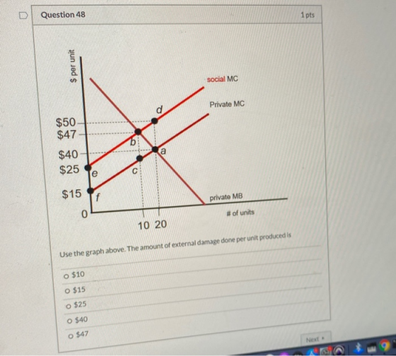 D Question 48 1 pts $ per unit social MC Private MC $50 $47 b . a $40 $25 e C $15 f private MB 0 # of units 10 20 Use the gra