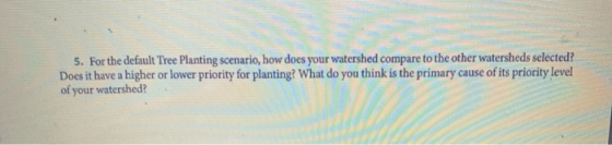 5. For the default Tree Planting scenario, how does your watershed compare to the other watersheds selected? Does it have a h
