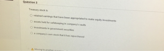 Question 3 Treasury stock is O retained earnings that have been appropriated to make equity investments O assets held for saf