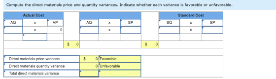 Compute the direct materials price and quantity variances. Indicate whether each variance is favorable or unfavorable. Actual