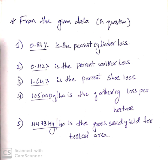* From the given data (in question 1) 0.81%. is the percent loss. cylinder 2) 0.42% is the percent walker Loss. 3) 1.64% is t