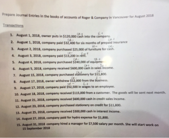 Prepare Journal Entries in the books of accounts of Roger & Company books of accounts of Roger & Company in Vancouver for Aug