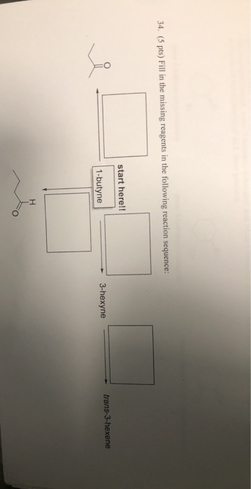 34. (5 pts) Fill in the missing reagents in the following reaction sequence: start here!! 3-hexyne trans-3-hexene 1-butyne