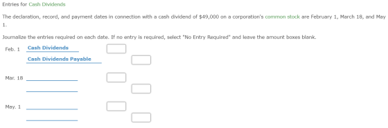 Entries for Cash Dividends The declaration, record, and payment dates in connection with a cash dividend of $49,000 on a corp