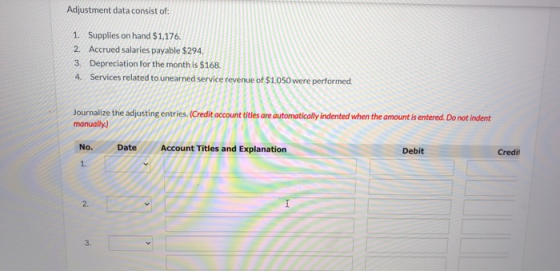 Adjustment data consist of: 1. Supplies on hand $1,176. 2. Accrued salaries payable $294. 3. Depreciation for the month is $1