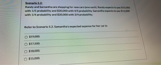 Scenario 5.2: Randy and Samantha are shopping for new cars (one each). Randy expects to pay $15.000 with 1/5 probability and