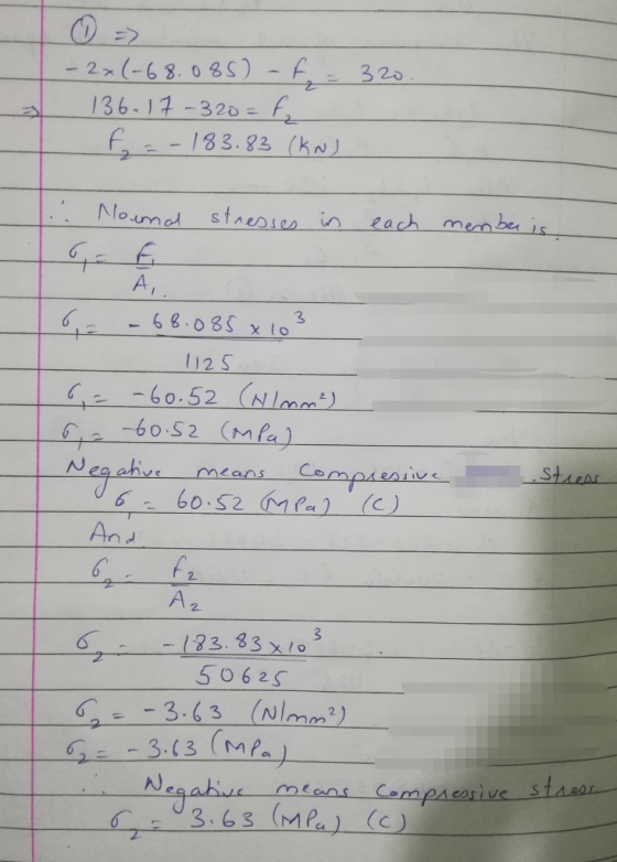 - 2x(-68.085) - f = 320. 136-17-320= fa f = -183.83 (KN) : Nound stresses in each member is, 6,= -68.085 x 103 U25 6,= -60.52