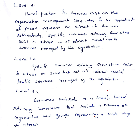 Level 4: Foral pas-hans Po Consu een t on t e rmA oumer Peon reen Consumes advisor Conritas eust ho advise cn al/ relavent men helt Servicen man Level :2 Ca… uman advisory Co ittee eat but not all relavent mental al/ vis e on Soe healt service Level 3 . Orga nisahon er