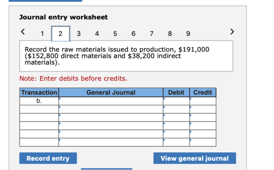 Journal entry worksheet < 1 2 3 4 5 6 7 8 9 Record the raw materials issued to production, $191,000 ($152,800 direct material