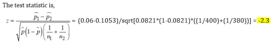 The test statistic is, P1-P2 Z (0.06-0.1053)/sqrt{0.0821*(1-0.0821)*((1/400)+(1/380))] = -2.3 1 p(1-P) 1 n1 + n2