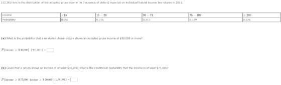 (13.36) lere is the distribution of the adjusted gross income (in thousands of dollars) reported on individual federal income tax returns in 2011: 15- 29 30 71 0.315 Income 15 75 199 200 Probablity 0.264 0.216 0. 179 026 (a) What is the probability that a randomly chosen return shows an adjusted gross incorme of $30,000 or more? P(income 30,0) +0.00)- (b) Given that a retum shows an Income of at least $30,000, what is the conditional prohabllity that the Income is at least $75,000 P (income $75,000 income S 30,000) (40.001)