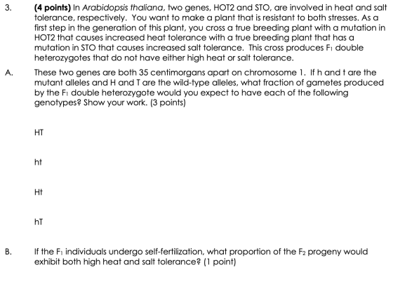 (4 points) In Arabidopsis thaliana, two genes, HOT2 and STO, are involved in heat and salt tolerance, respectively. You want