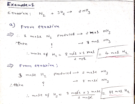 Example-1 3 H N2 E9uaton a) From equation Produced -» N2 mole mof N3 them 4 mol N : mole of N2 8myox 1 mo From equatien 2 mo