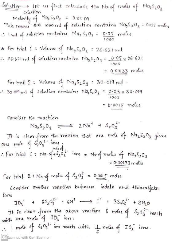 Solutionlet w first calculate the No. of moles of Na, S202 - solution - Molarity of Na2SO3 = 0.05 m This means 5:0 1000 ml of