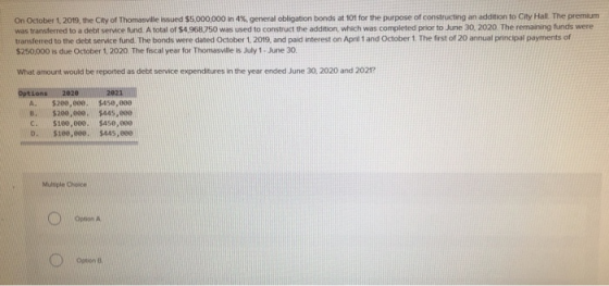 On October 1, 2019, the City of Thomasville issued 55,000,000 in 4% general obligation bonds at 101 for the purpose of constr