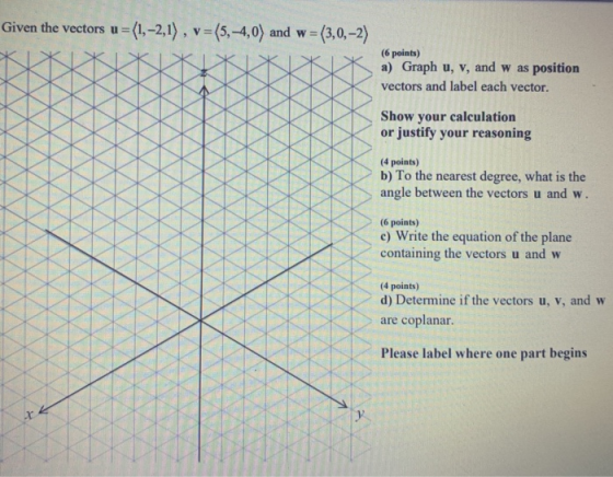 Given the vectors u = (1, -2,1), v= {5,–4,0) and w = (3,0,-2) (6 points) a) Graph u, v, and was position vectors and label ea
