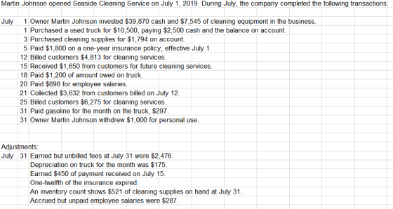 Martin Johnson opened Seaside Cleaning Service on July 1, 2019. During July, the company completed the following transactions
