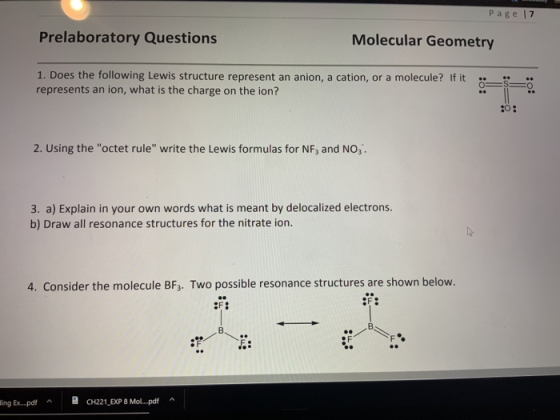 Page l7 Prelaboratory Questions Molecular Geometry 1. Does the following Lewis structure represent an anion, a cation, or a m