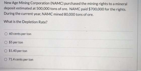 New Age Mining Corporation (NAMC) purchased the mining rights to a mineral deposit estimated at 500,000 tons of ore. NAMC pai