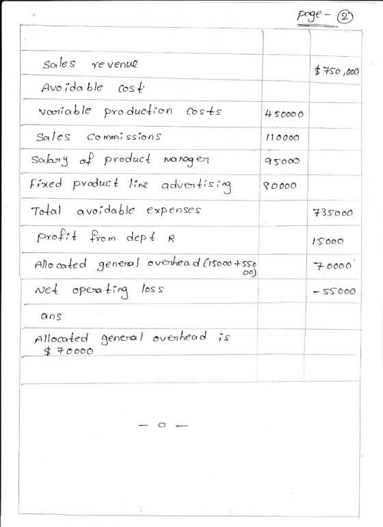 Sales ve vene Avo ida ble cost vaniable pro duction Css Sales Co mm sstons TSo ,000 4 soo0o Sahy op product noogrn Sooo Fixed pyoduct line advetisiq o0oo Tolal avoidable expenses 73sooo So0O Allo coted 9 wet opea trg les s Allocated genc>al ovenhead 60 OS S ans