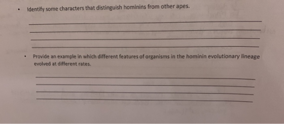Identify some characters that distinguish hominins from other apes. Provide an example in which different features of organis
