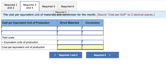 Required 1 and 2 Required 3 and 4 Required 5 Required 6 Required 5 The cost per equivalent unit of materials and conversion f