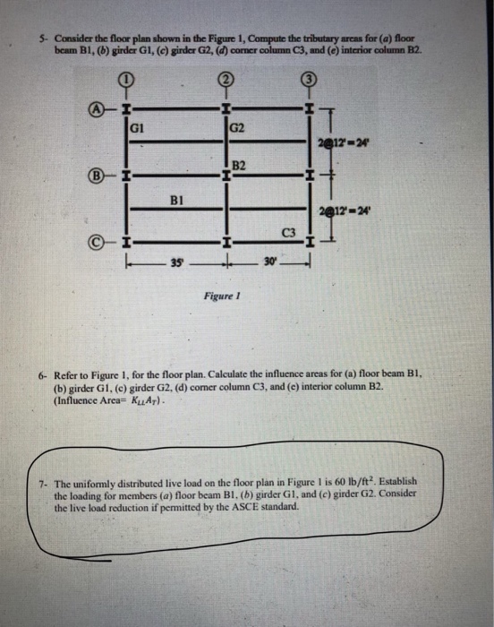 5- Consider the floor plan shown in the Figure 1, Compute the tributary areas for (a) floor beam BI, (b) girder G1, (c) girder G2, (d) comer column C3, and (e) interior column B2. Gi G2 12-24 B2 Bl 12= 24 C3 Figure 1 Refer to Figure 1, for the floor plan. Calculate the influence areas for (a) floor beam Bl, (b) girder G1, (c) girder G2, (d) cormer column C3, and (e) interior column B2. (Influence AreaKLAT) 6- The uniformly distributed live load on the floor plan in Figure l is 60 lb/ft2. Establish the loading for members (a) floor beam Bl. (b) girder Gl, and (c) girder G2. Consider the live load reduction if permitted by the ASCE standard. 7-