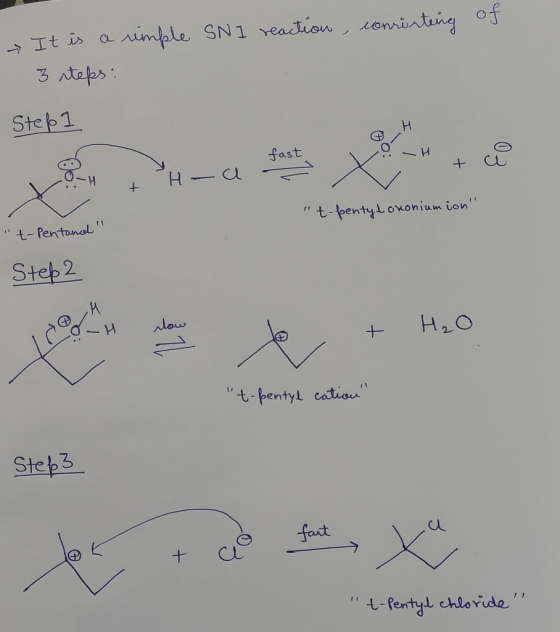 of It is a rimple SN 1 reaction, consisting 3 steps: Step 1 fast VO-H + c OH HU ✓ t-pentyl ononiumion t-pentanced Step 2
