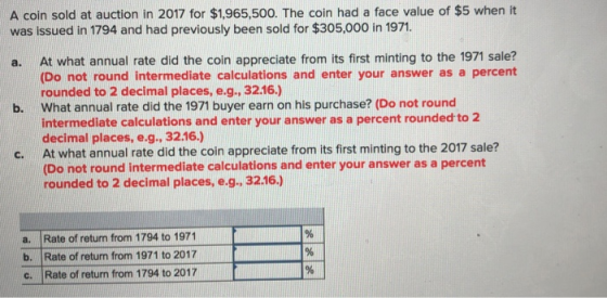A coin sold at auction in 2017 for $1,965,500. The coin had a face value of $5 when it was issued in 1794 and had previously been sold for $305,000 in 1971. a. At what annual rate did the coin appreciate from its first minting to the 1971 sale? (Do not round intermediate calculations and enter your answer as a percent rounded to 2 decimal places, e.g., 32.16.) What annual rate did the 1971 buyer earn on his purchase? (Do not round intermediate calculations and enter your answer as a percent rounded to 2 decimal places, e.g., 32.16.) At what annual rate did the coin appreciate from its first minting to the 2017 sale? (Do not round intermediate calculations and enter your answer as a percent rounded to 2 decimal places, e.g. 32.16.) b. c. a. Rate of return from 1794 to 1971 b. Rate of return from 1971 to 2017 c. Rate of return from 1794 to 2017