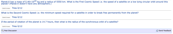 Planet-X has a mass of 5.46x1024 kg and a radius of 5550 km. What is the First Cosmic Speed i.e. the speed of a satellite on