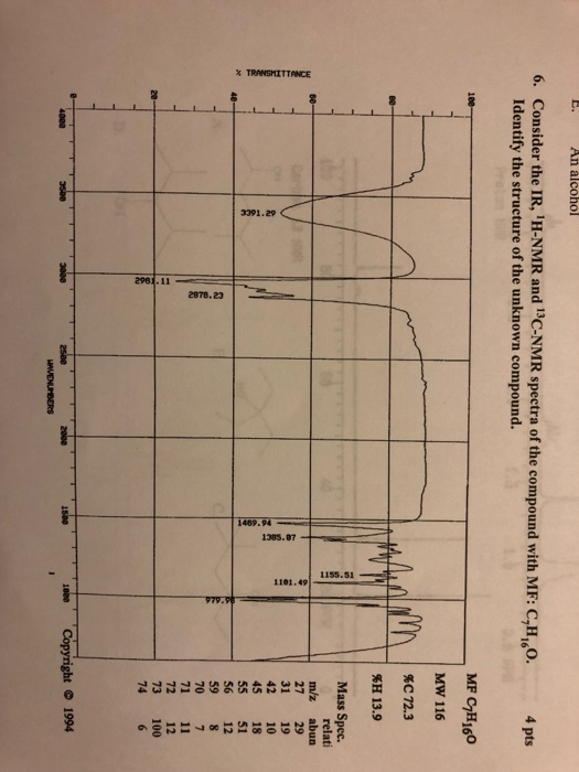 An alcohol 6. Consider the IR, H-NMR and 13C-NMR spectra of the compound with MF: C,H, 0. Identify the structure of the unkn