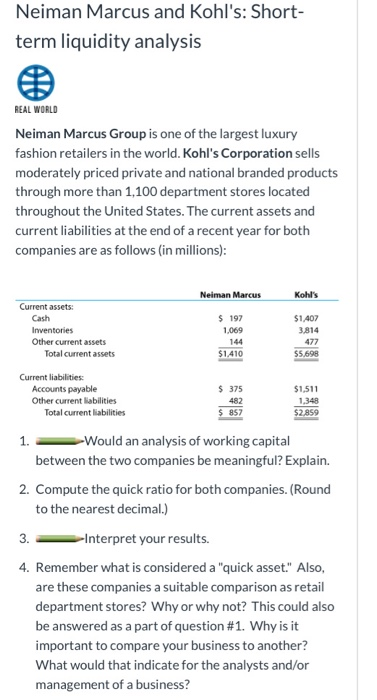 Neiman Marcus and Kohls: Short- term liquidity analysis REAL WORLD Neiman Marcus Group is one of the largest luxury fashion