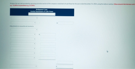 Prepare the net cash provided by operating activities section of the companys statement of cash flows for the year ended Dec