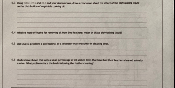 4.3 Using Tables 39.5 and 39.6 and your observations, draw a conclusion about the effect of the dishwashing liquid on the dis
