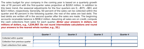 The sales budget for your company in the coming year is based on a quarterly growth rate of 10 percent with the first-quarter