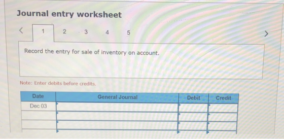 Journal entry worksheet 1 2 3 4 5 Record the entry for sale of inventory on account. Note: Enter debits before credits. Date