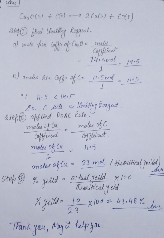 Cu₂ 063) + ((6) 2 Ca(s) + Colg) Stempo find Limiling keagent. a) mole here Coffre of CuO = males ont Cofficient - 1405mol - 1
