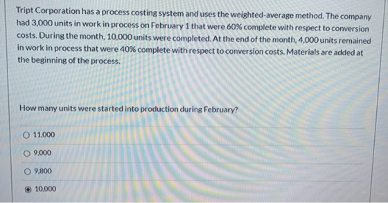 Tript Corporation has a process costing system and uses the weighted average method. The company had 3,000 units in work in p