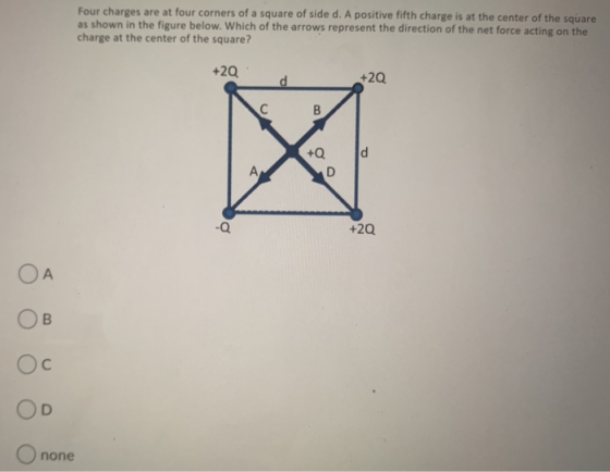 Four charges are at four corners of a square of side d. A positive fifth charge is at the center of the square as shown in th