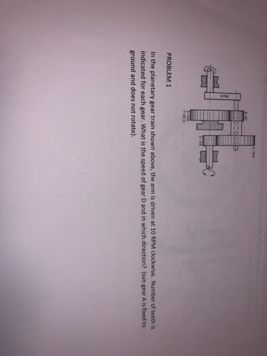 c-100 FIXED PROBLEM 1 In the planetary gear train shown above, the arm is driven at 10 RPM clockwise. Number of teeth is indi