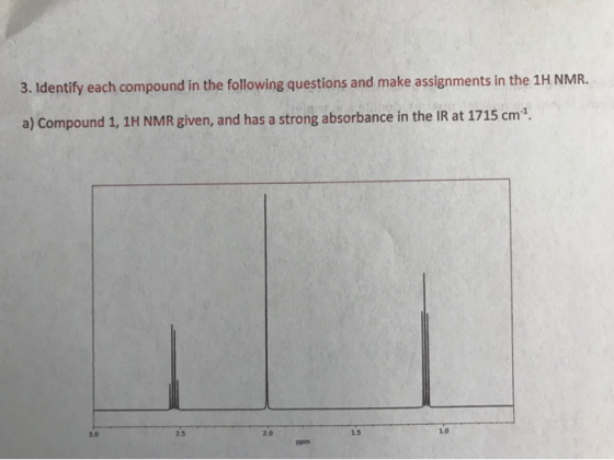 3. Identify each compound in the following questions and make assignments in the 1H NMR. a) Compound 1, 1H NMR given, and has