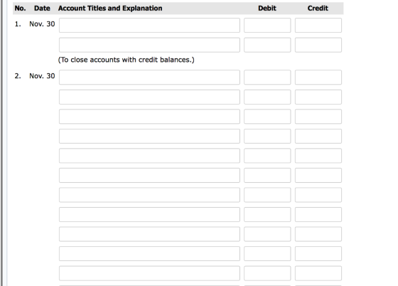 No. Date Account Titles and Explanation Debit Credit 1. Nov. 30 (To close accounts with credit balances.) 2. Nov. 30