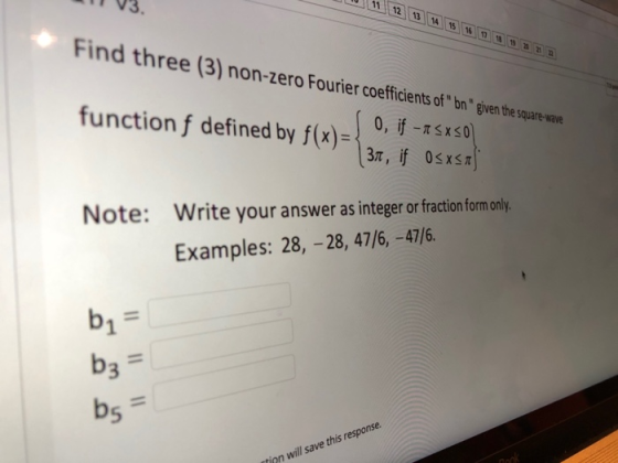 11 V3 Find three (3) non-zero Fourier coefficients of bn given the square wave function f defined by f(x)= Flu So, if a sxs
