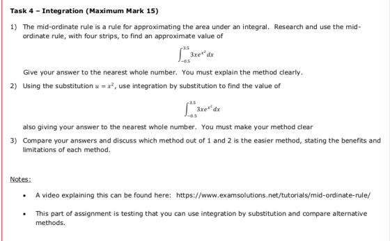 Task 4 - Integration (Maximum Mark 15) 1) The mid-ordinate rule is a rule for approximating the area under an integral. Resea