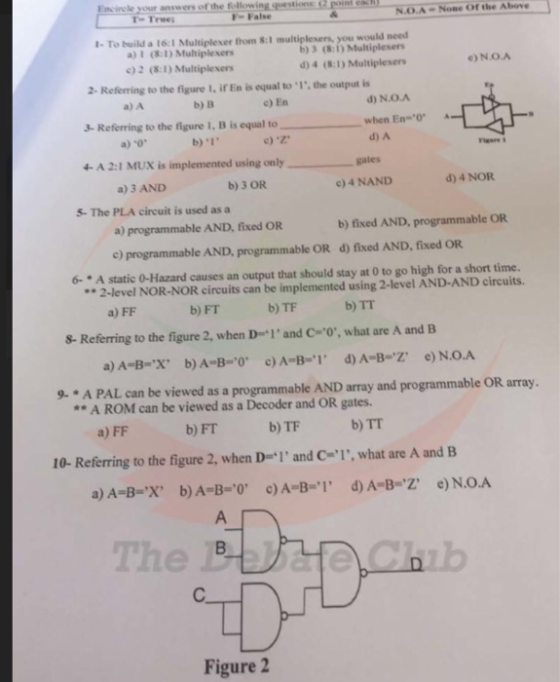 Encirle your answers of the following questions point ea T- True O.A None Of the Above 1- To build a 16:1 Multiplexer from 8:1 multiplexers, you would need a) 1 D Multiplexers e)2 (8:DMultiplexers b)3 (8:)Multiplexers d) 4 (8:) Multiplexen e)NOA 2- Referring to the figure 1, if En is equal to 1, the output is a) A b) B c) En d) N.O.A 3- Referring to the figure 1, B is equal to when En-0 a) 0 A 2:1 MUX is implemented using only b)1 cZ d) A gates д) 3 AND b) 3 OR )4 NAND d) 4 NOR S- The PLA circuit is used as a a) programmable AND, fixed OR b) fixed AND, programmable OR c) programmable AND, programmable OR d) fixed AND, fixed OR 6- A static 0-Hazard causes an output that should stay at 0 to go high for a short time. ** 2-level NOR-NOR circuits can be implemented using 2-level AND-AND circuits. a) FF b) FT b) TF b) TT S- Referring to the figure 2, when D1 and C0, what are A and B 9 A PAL can be viewed as a programmable AND array and programmable OR array. ** A ROM can be viewed as a Decoder and OR gates. a) FF b) FT b) TF b) TT 10- Referring to the figure 2, when D-*I and C1, what are A andB The Figure 2